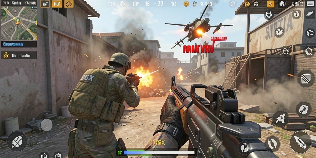 Screenshot utama menunjukkan aksi penuh intensitas dalam game TPS.