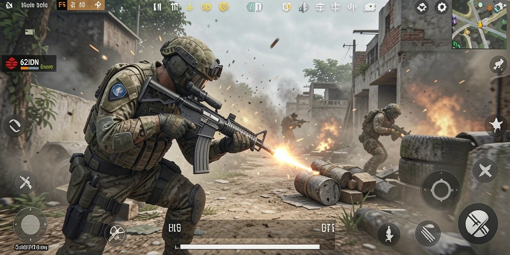 Screenshot gameplay 62IDN menampilkan aksi pertempuran yang intens.