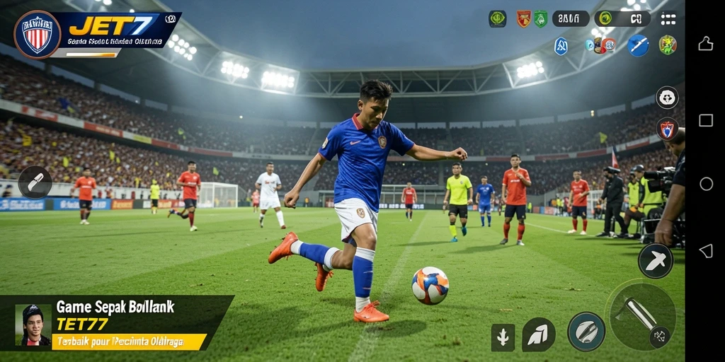 Screenshot utama JET77 menampilkan aksi pertandingan sepak bola yang intens.
