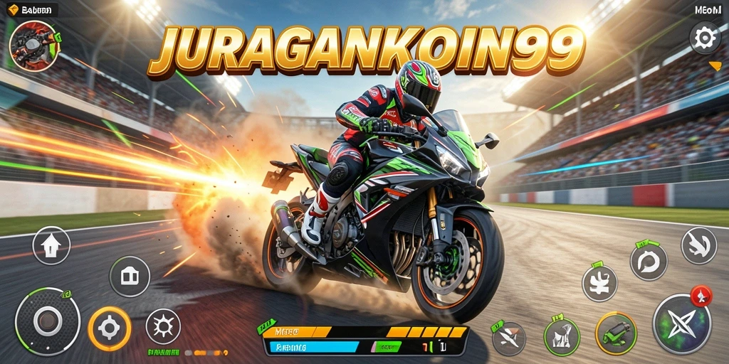 Tampilan gameplay seru JURAGANKOIN99 dengan motor balap di trek.