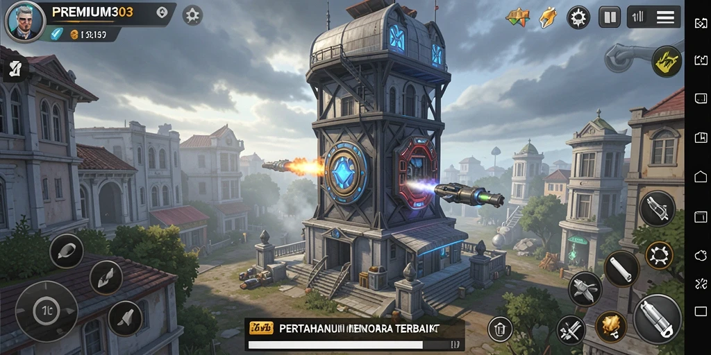 Tampilan gameplay menegangkan dari PREMIUM303, menara bertahan melawan gelombang musuh.