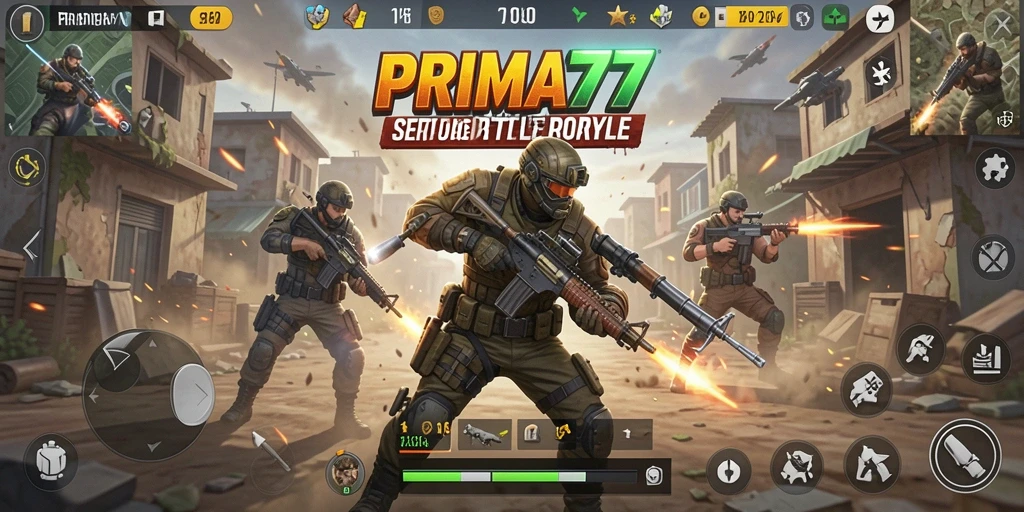 Gameplay PRIMA77 yang intens dan penuh aksi Battle Royale.